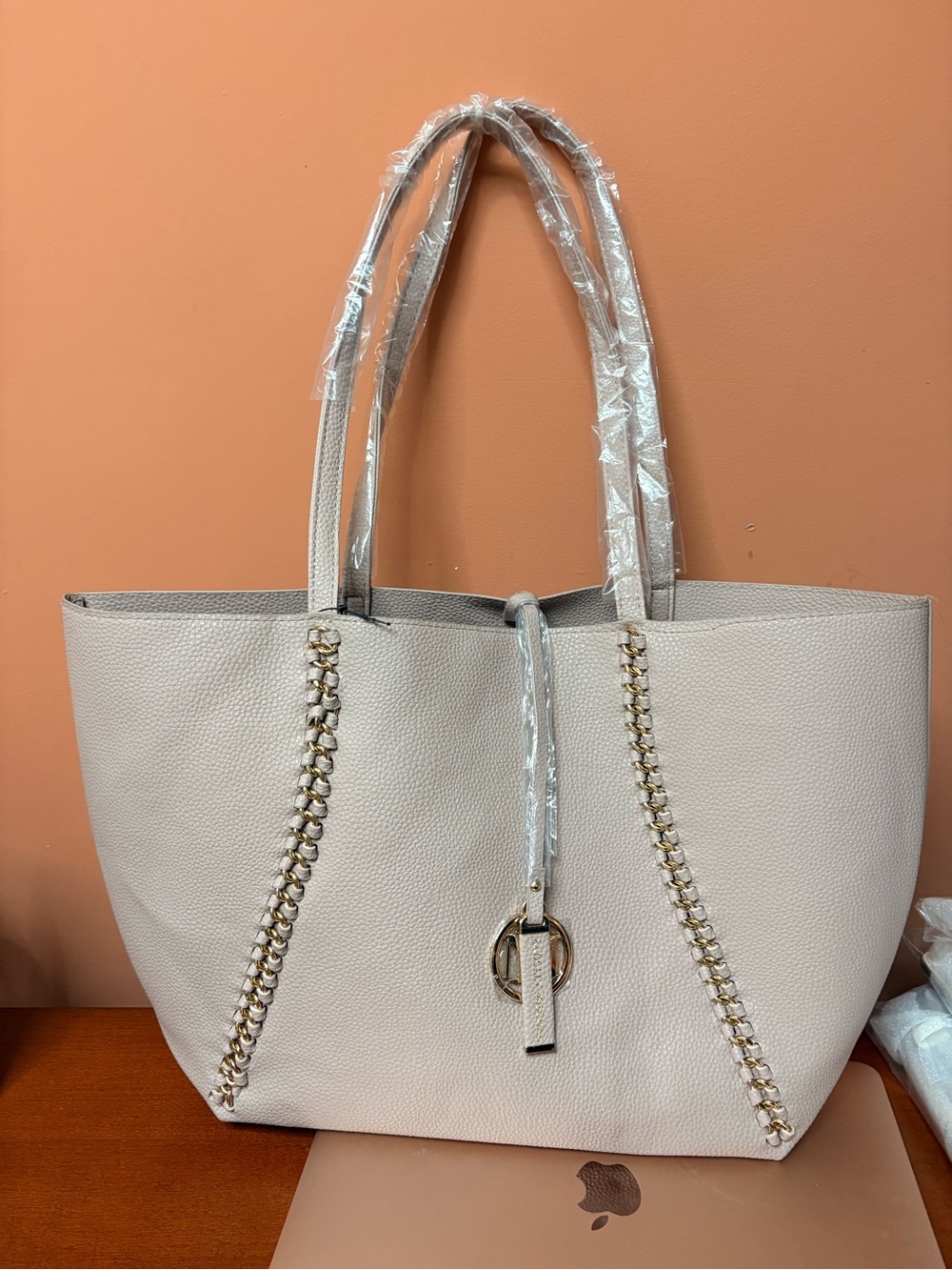 Badgley Mischka Cream Leather Tote with Gold Chain Detail